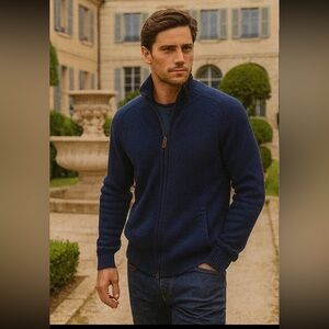 Bullock & Jones Navy Blue Wool Silk Textured Sweater Jacket Full Zip Navy L